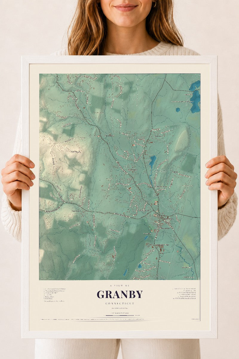 Granby, Connecticut map print, 18" x 24", W/ White Ayous Wood Frame