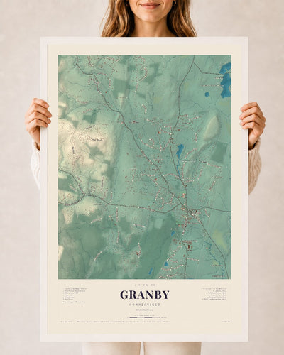 Granby, Connecticut map print, 24" x 36", W/ White Ayous Wood Frame