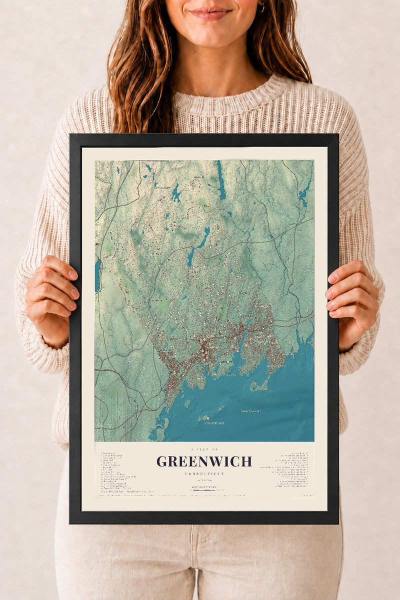 Greenwich, Connecticut map print, 12" x 18", W/ Black Ayous Wood Frame