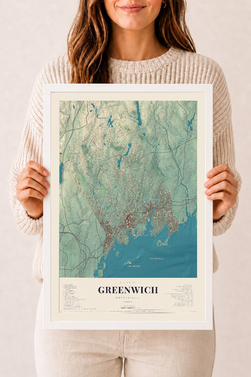 Greenwich, Connecticut map print, 12" x 18", W/ White Ayous Wood Frame