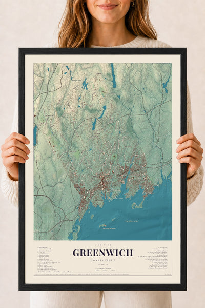 Greenwich, Connecticut map print, 18" x 24", W/ Black Ayous Wood Frame