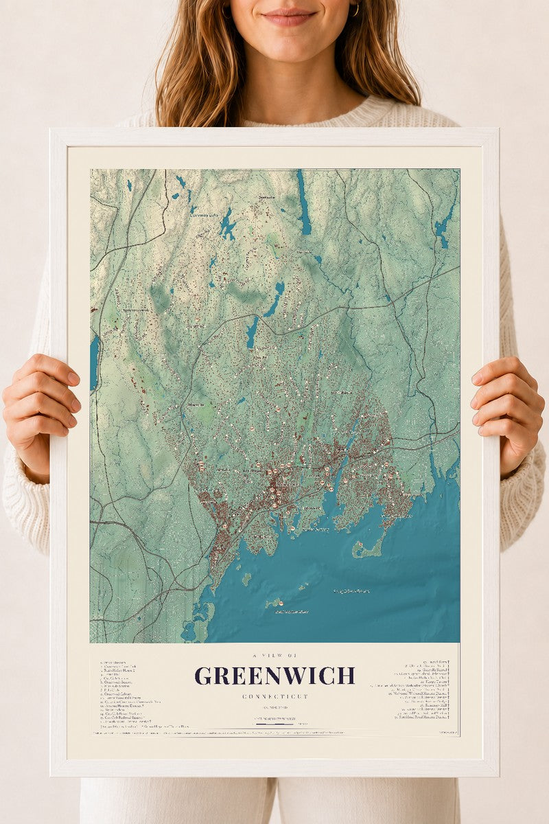 Greenwich, Connecticut map print, 18" x 24", W/ White Ayous Wood Frame