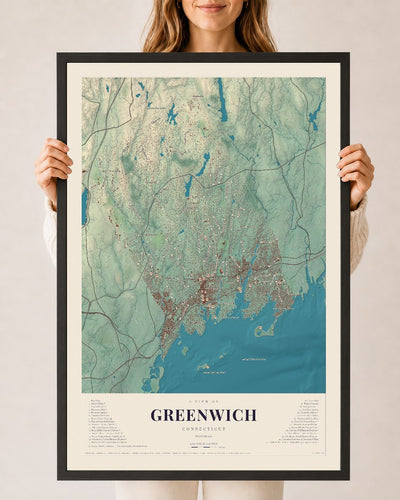 Map of Greenwich, Connecticut, 24 x 36 inch print in a black wood frame