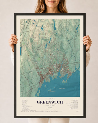 Greenwich, Connecticut map print, 24" x 36", W/ Black Ayous Wood Frame