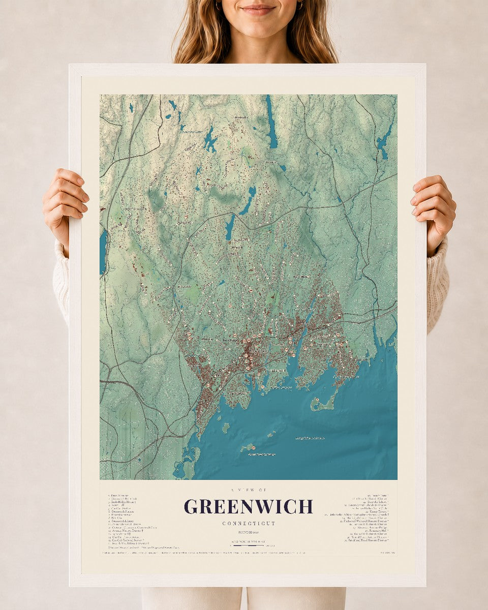Greenwich, Connecticut map print, 24" x 36", W/ White Ayous Wood Frame