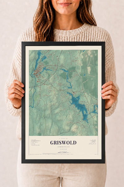 Griswold, Connecticut map print, 12" x 18", W/ Black Ayous Wood Frame