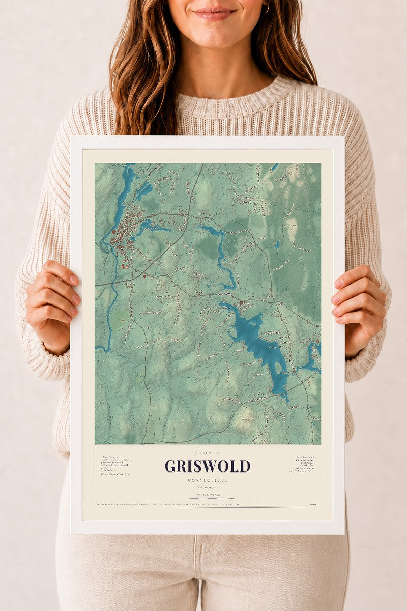Griswold, Connecticut map print, 12" x 18", W/ White Ayous Wood Frame