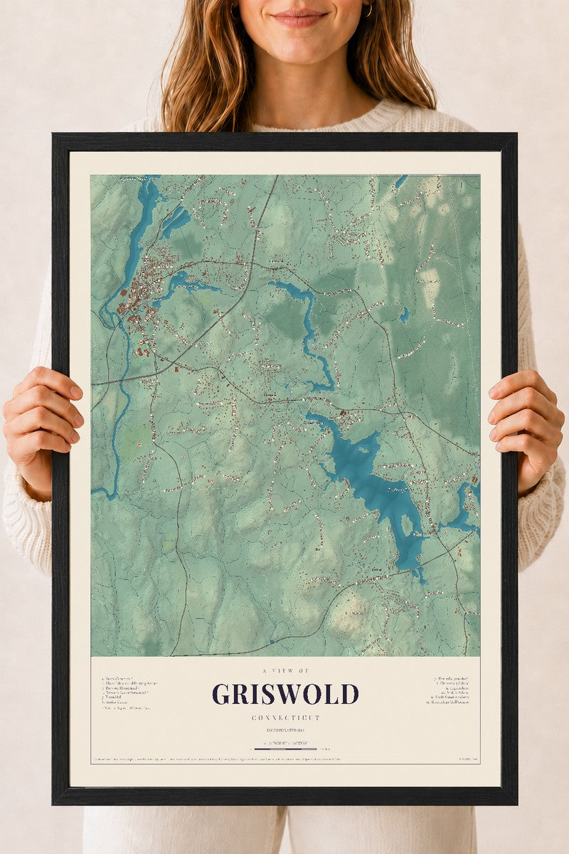 Griswold, Connecticut map print, 18" x 24", W/ Black Ayous Wood Frame
