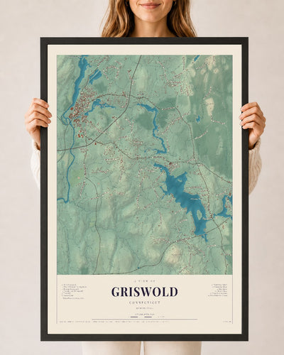 Griswold, Connecticut map print, 24" x 36", W/ Black Ayous Wood Frame