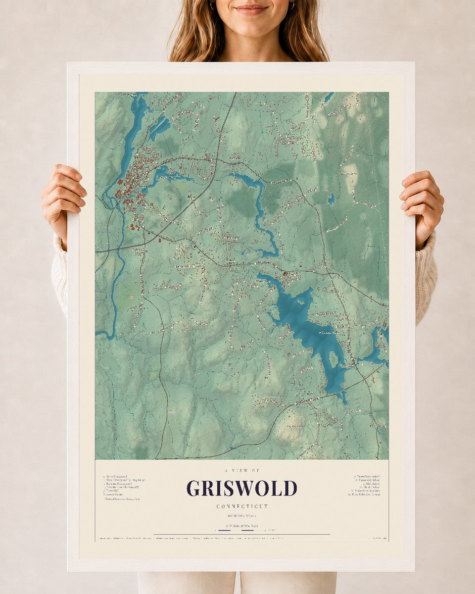 Griswold, Connecticut map print, 24" x 36", W/ White Ayous Wood Frame