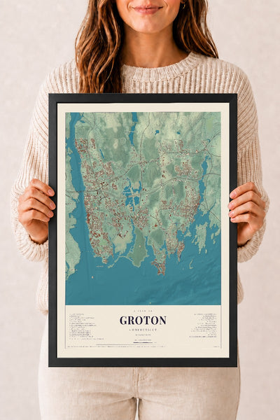 Groton, Connecticut map print, 12" x 18", W/ Black Ayous Wood Frame