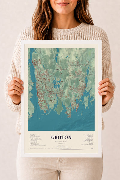 Groton, Connecticut map print, 12" x 18", W/ White Ayous Wood Frame