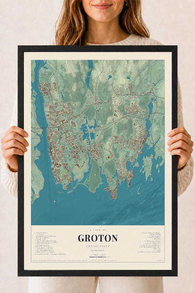 Groton, Connecticut map print, 18" x 24", W/ Black Ayous Wood Frame