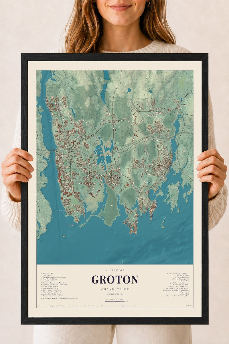 Groton, Connecticut map print, 18" x 24", W/ Black Ayous Wood Frame