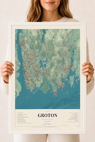Groton, Connecticut map print, 18" x 24", W/ White Ayous Wood Frame