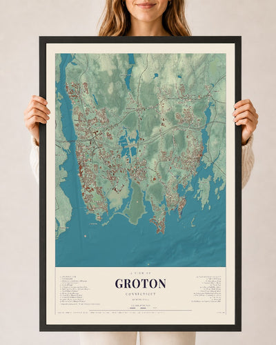 Groton, Connecticut map print, 24" x 36", W/ Black Ayous Wood Frame