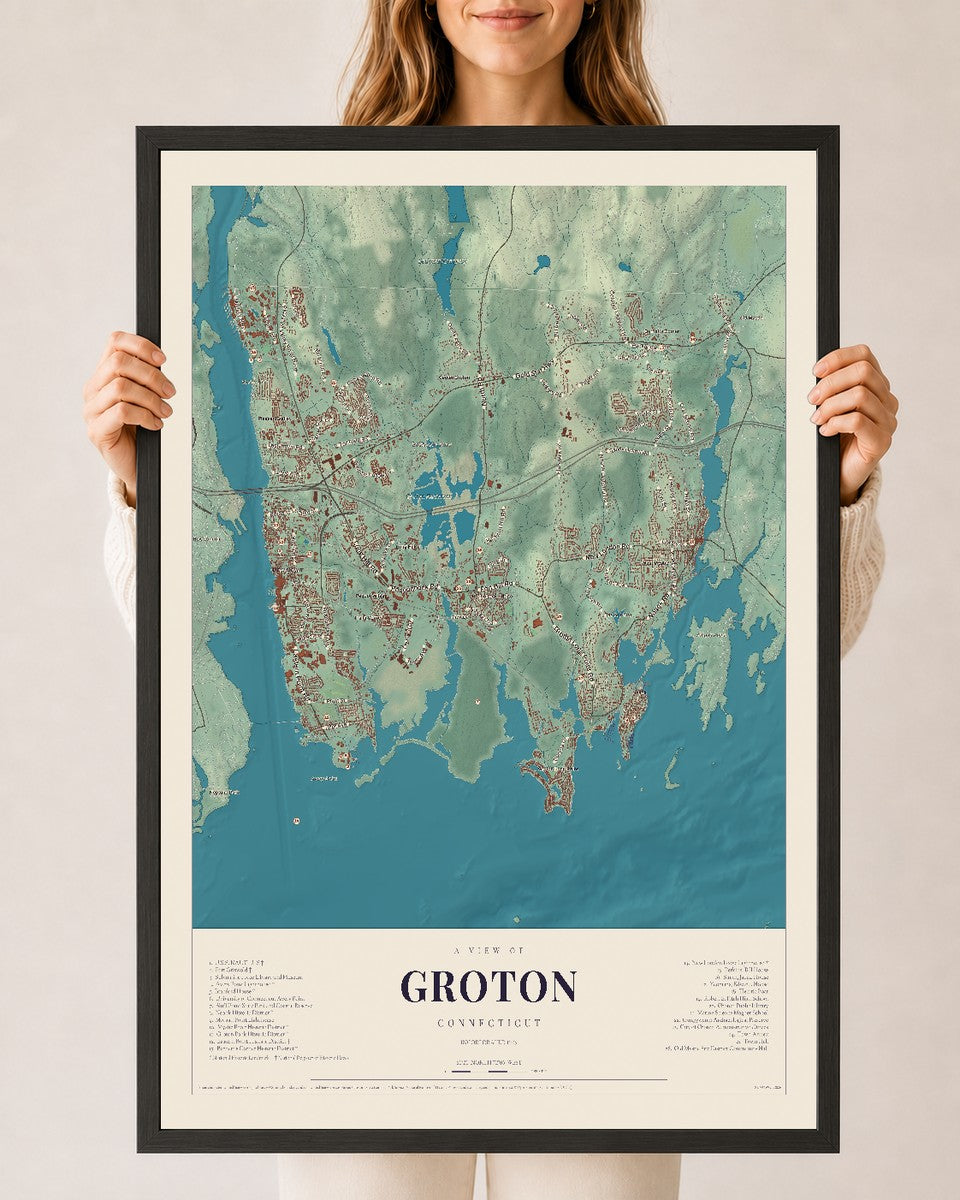 Groton, Connecticut map print, 24" x 36", W/ Black Ayous Wood Frame