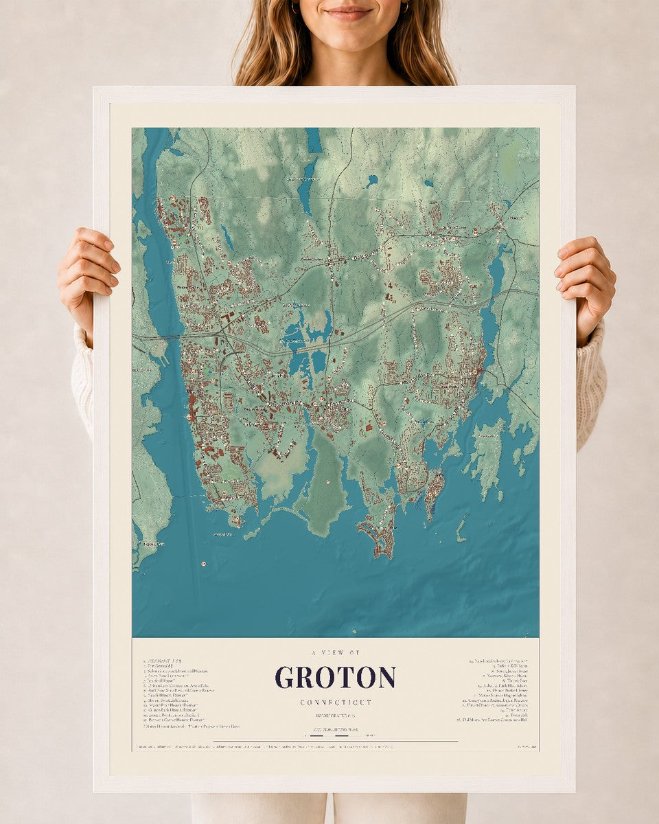 Groton, Connecticut map print, 24" x 36", W/ White Ayous Wood Frame