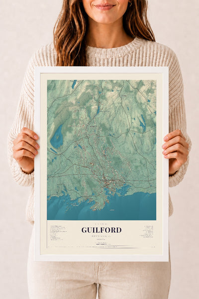 Guilford, Connecticut map print, 12" x 18", W/ White Ayous Wood Frame