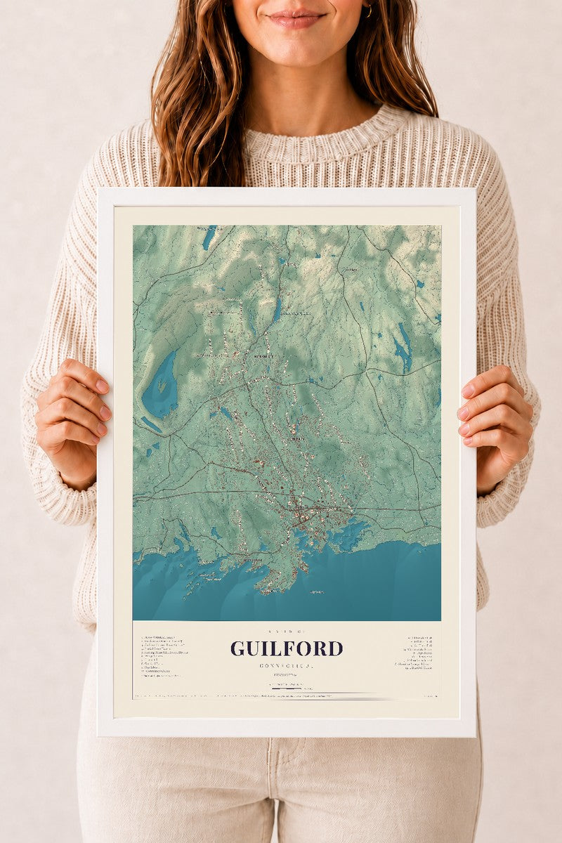 Guilford, Connecticut map print, 12" x 18", W/ White Ayous Wood Frame