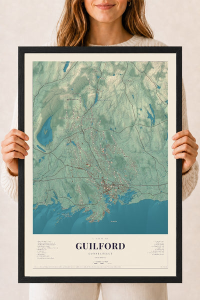 Guilford, Connecticut map print, 18" x 24", W/ Black Ayous Wood Frame