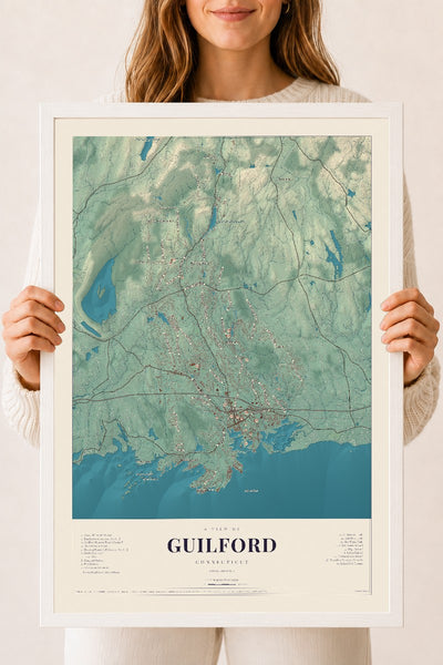 Guilford, Connecticut map print, 18" x 24", W/ White Ayous Wood Frame