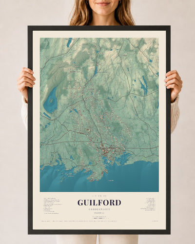 Guilford, Connecticut map print, 24" x 36", W/ Black Ayous Wood Frame