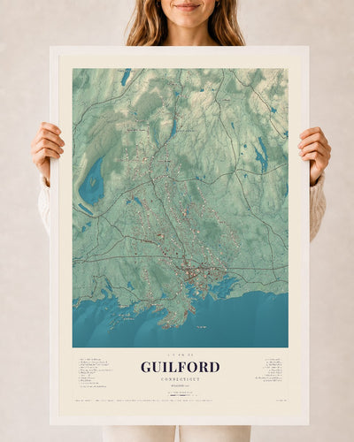 Guilford, Connecticut map print, 24" x 36", W/ White Ayous Wood Frame