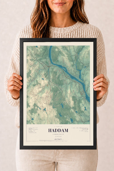 Haddam, Connecticut map print, 12" x 18", W/ Black Ayous Wood Frame
