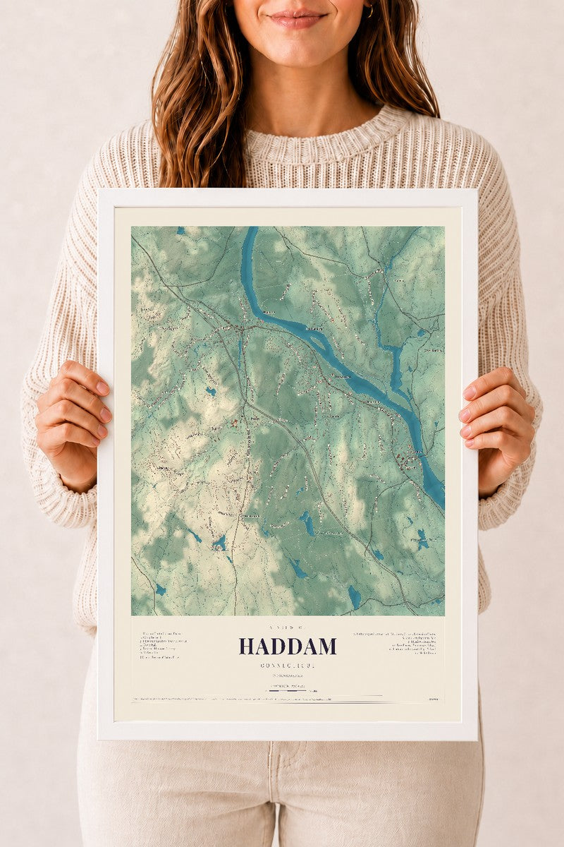 Haddam, Connecticut map print, 12" x 18", W/ White Ayous Wood Frame