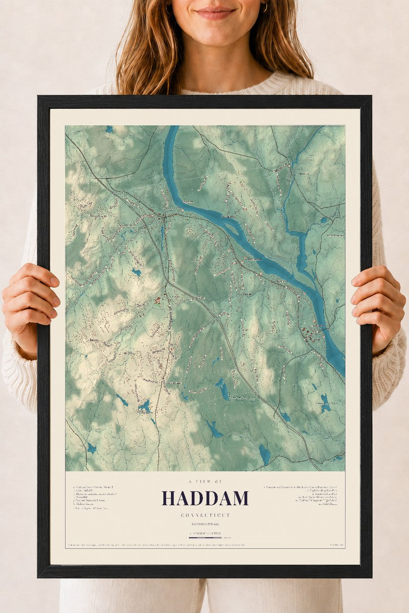 Haddam, Connecticut map print, 18" x 24", W/ Black Ayous Wood Frame