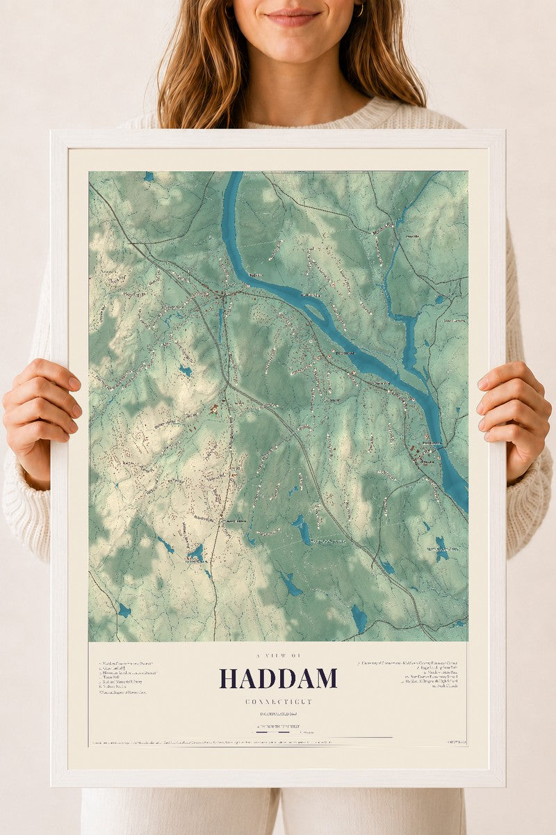 Haddam, Connecticut map print, 18" x 24", W/ White Ayous Wood Frame