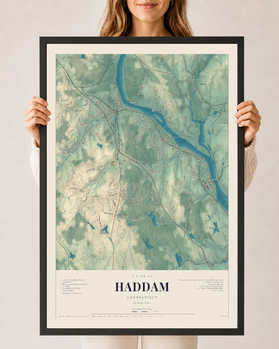 Haddam, Connecticut map print, 24" x 36", W/ Black Ayous Wood Frame