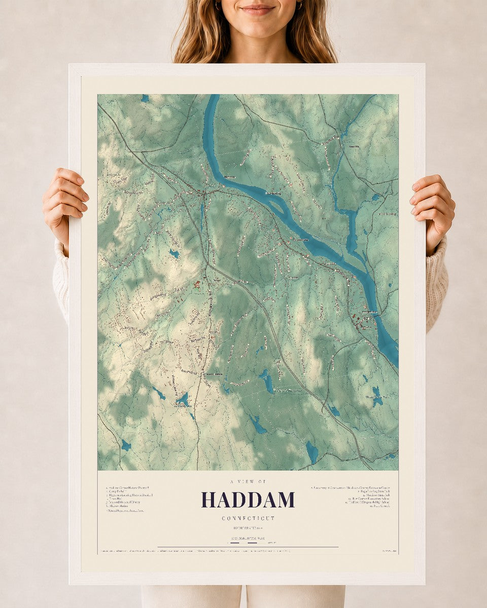 Haddam, Connecticut map print, 24" x 36", W/ White Ayous Wood Frame