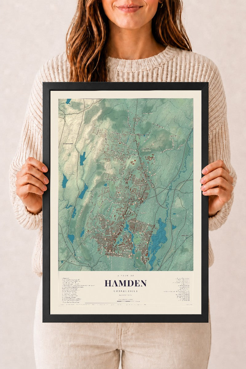 Hamden, Connecticut map print, 12" x 18", W/ Black Ayous Wood Frame