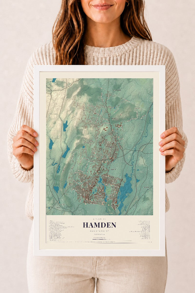 Hamden, Connecticut map print, 12" x 18", W/ White Ayous Wood Frame