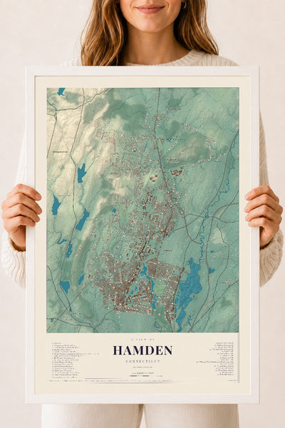 Hamden, Connecticut map print, 18" x 24", W/ White Ayous Wood Frame