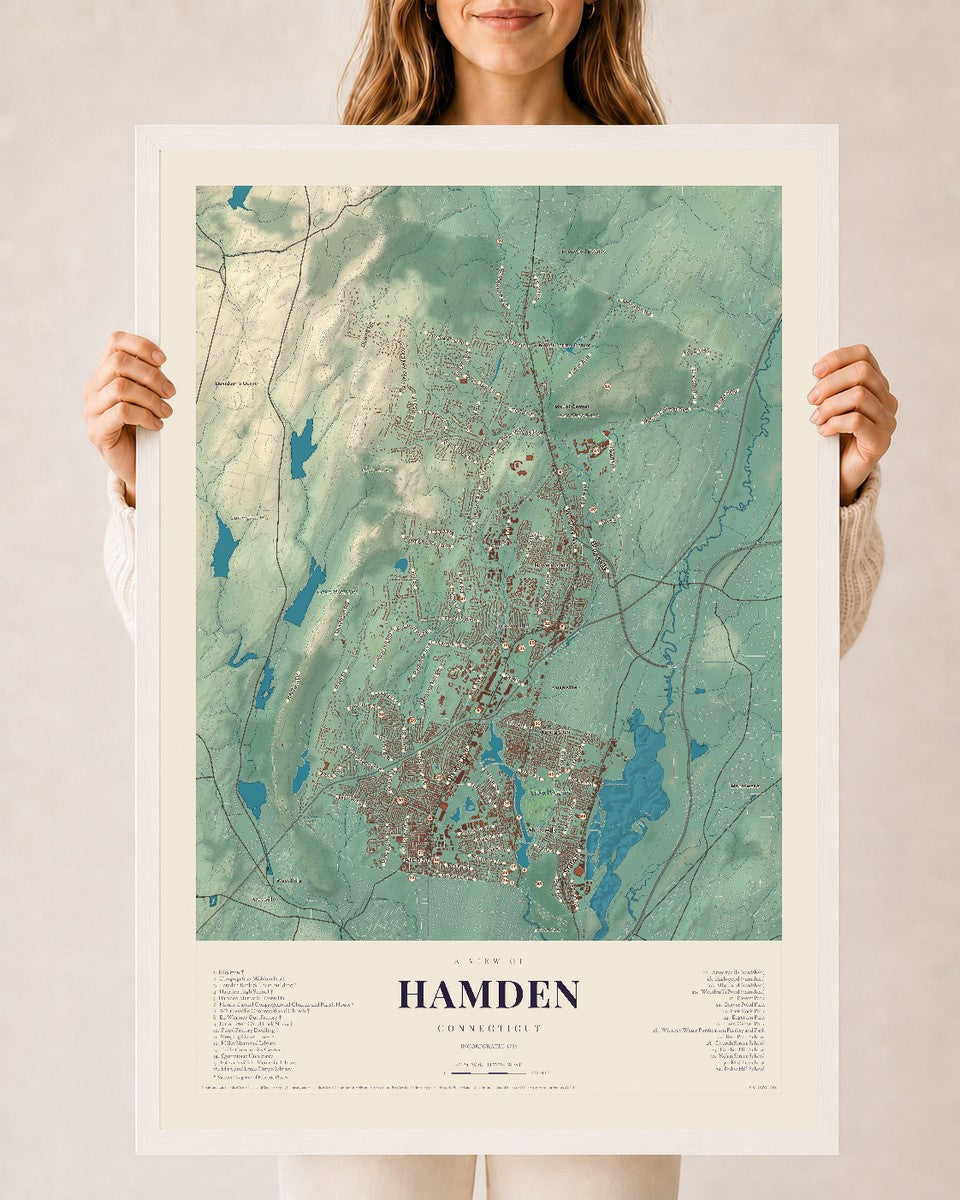 Hamden, Connecticut map print, 24" x 36", W/ White Ayous Wood Frame