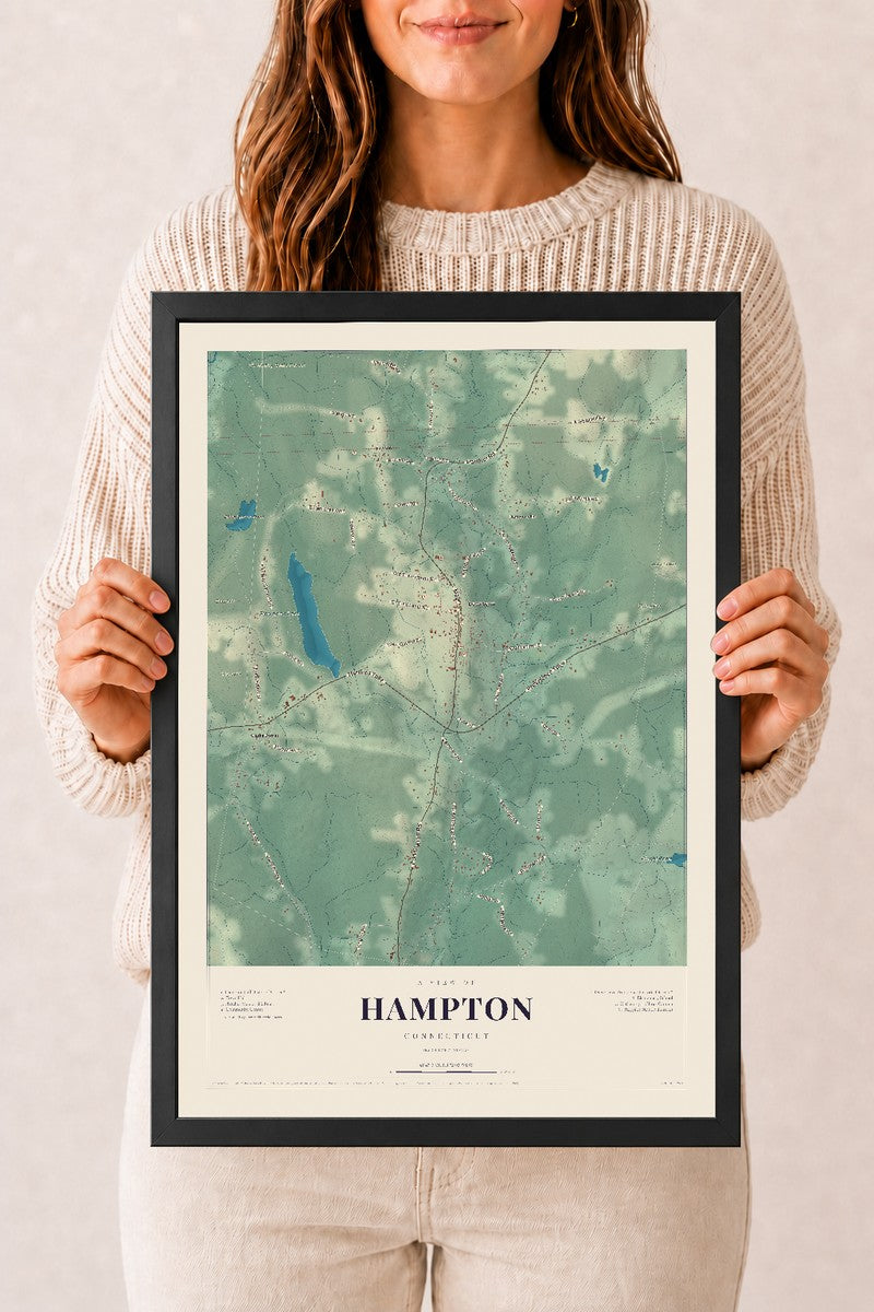 Hampton, Connecticut map print, 12" x 18", W/ Black Ayous Wood Frame
