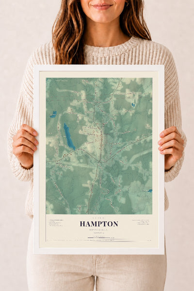 Hampton, Connecticut map print, 12" x 18", W/ White Ayous Wood Frame