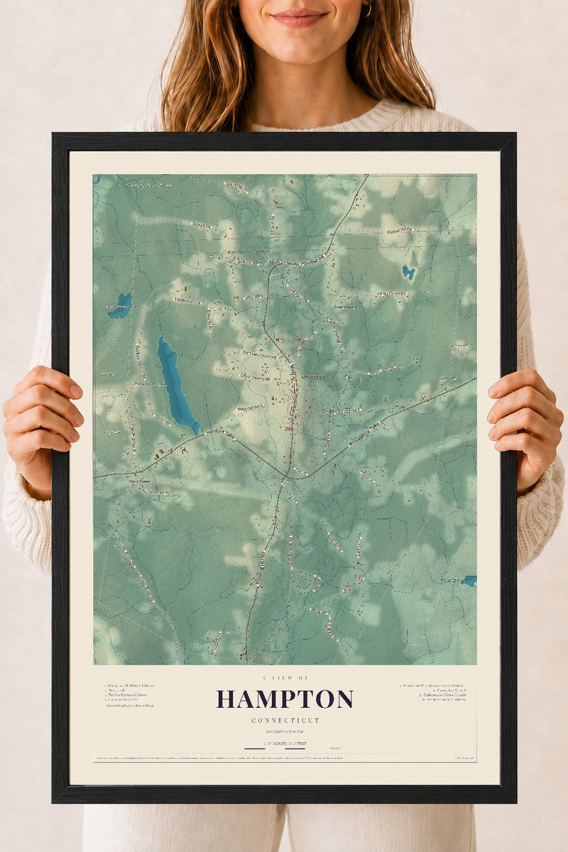 Hampton, Connecticut map print, 18" x 24", W/ Black Ayous Wood Frame