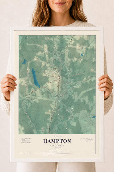 Hampton, Connecticut map print, 18" x 24", W/ White Ayous Wood Frame