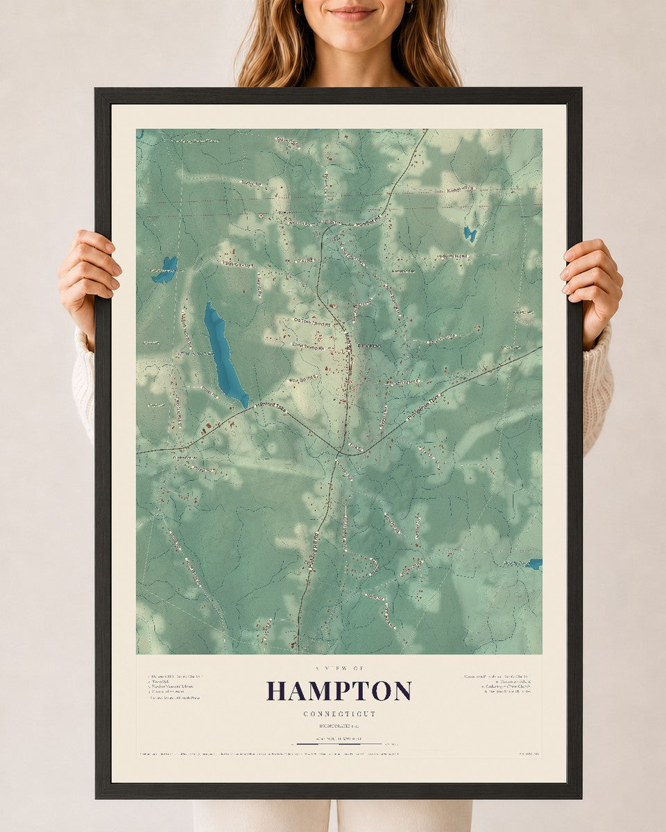 Hampton, Connecticut map print, 24" x 36", W/ Black Ayous Wood Frame