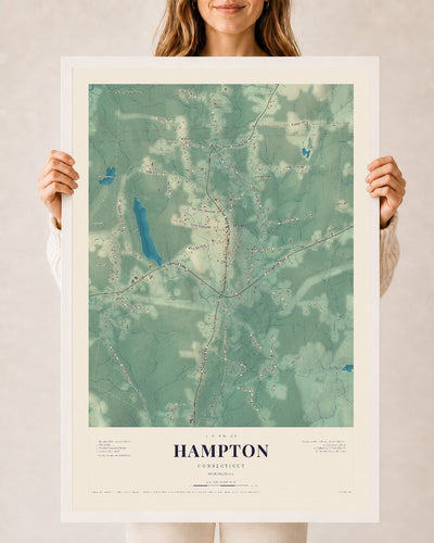 Hampton, Connecticut map print, 24" x 36", W/ White Ayous Wood Frame