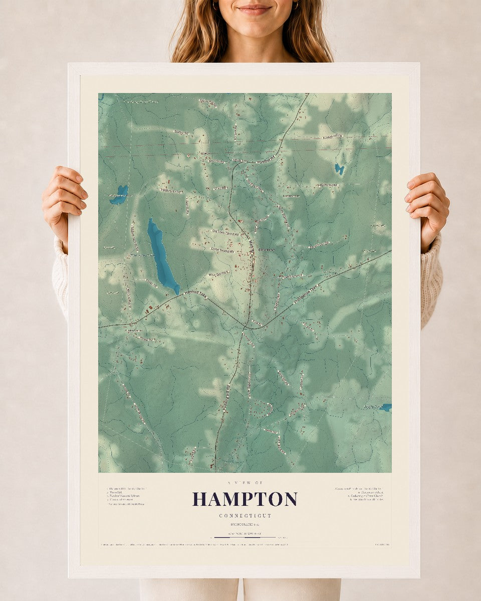 Hampton, Connecticut map print, 24" x 36", W/ White Ayous Wood Frame