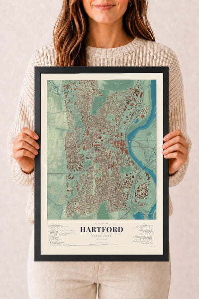 Hartford, Connecticut map print, 12" x 18", W/ Black Ayous Wood Frame
