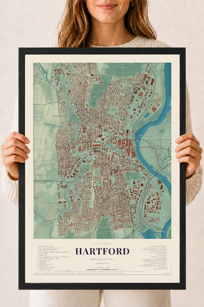 Hartford, Connecticut map print, 18" x 24", W/ Black Ayous Wood Frame