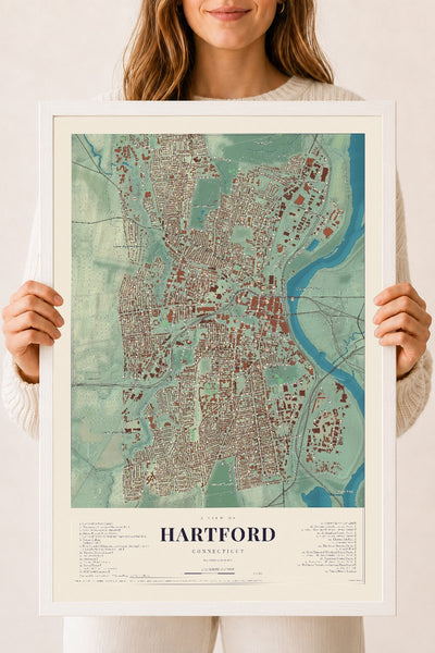 Hartford, Connecticut map print, 18" x 24", W/ White Ayous Wood Frame