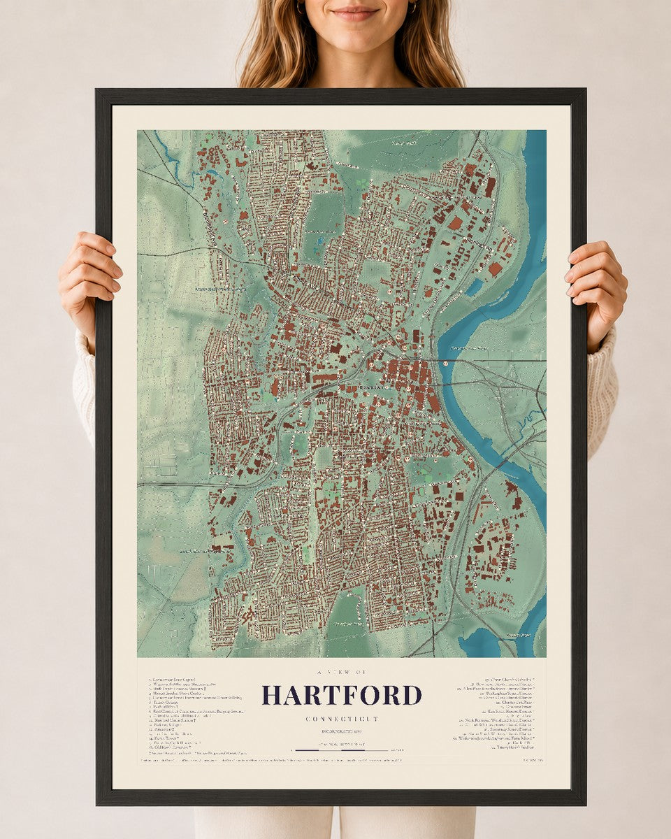 Hartford, Connecticut map print, 24" x 36", W/ Black Ayous Wood Frame