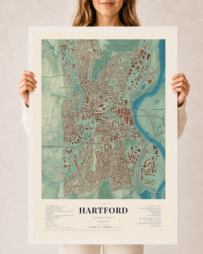 Hartford, Connecticut map print, 24" x 36", W/ White Ayous Wood Frame